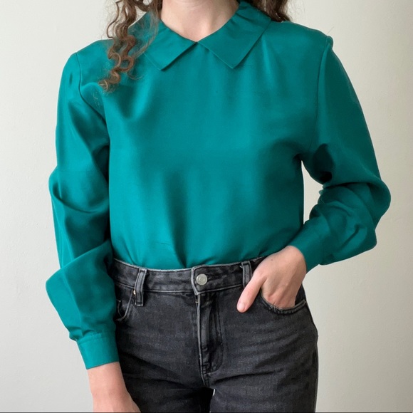 Tops - Vintage 50s Turquoise Blouse with Peter Pan Collar